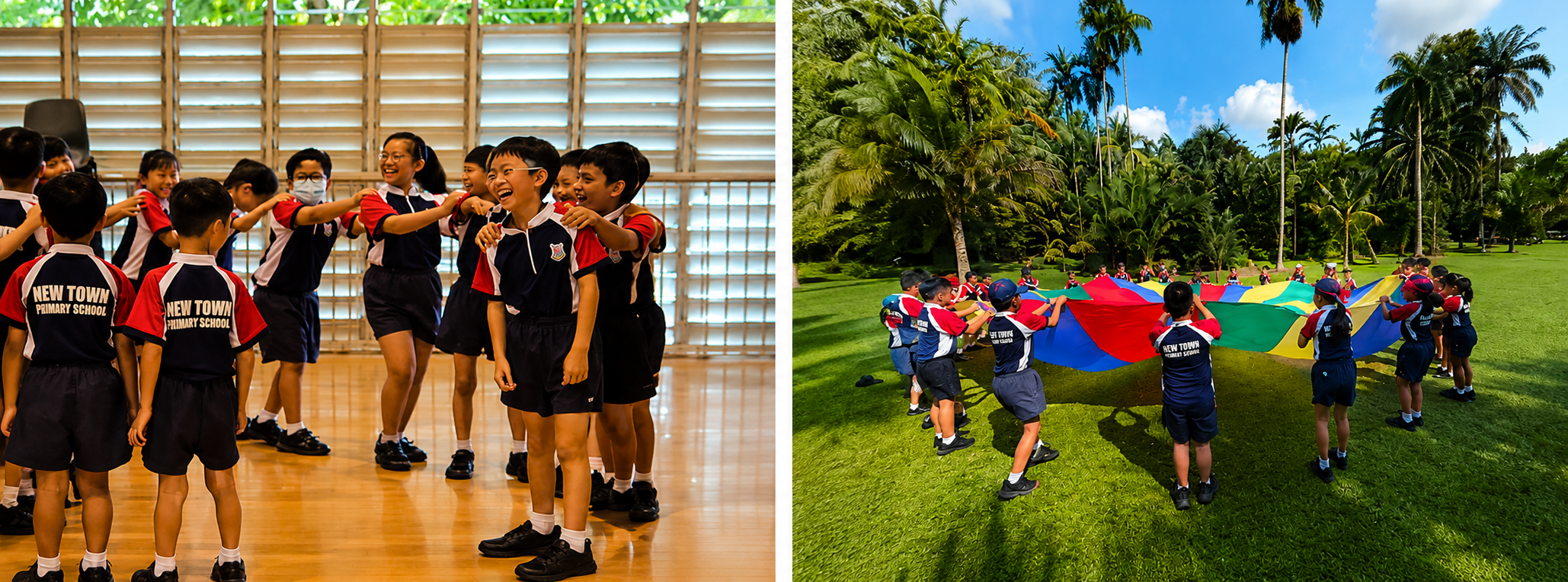Students in New Town Primary School uniforms play indoors and outdoors with a colorful parachute on grass.